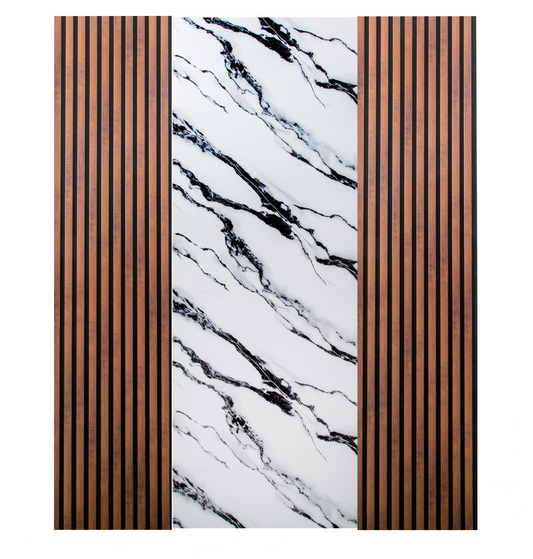 Pachet cu 2 panouri riflaj stejar maro inchis si o placa decorativa alba cu negru – PanelDecorArt