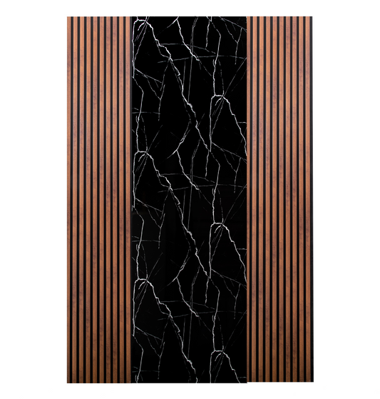 Pachet cu 2 panouri riflaj stejar maro inchis si o placa decorativa neagra cu alb – PanelDecorArt